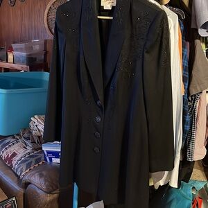 Scully 100% Wool Long Black Jacket Blazer Size M Women’s Made in USA Embroidery